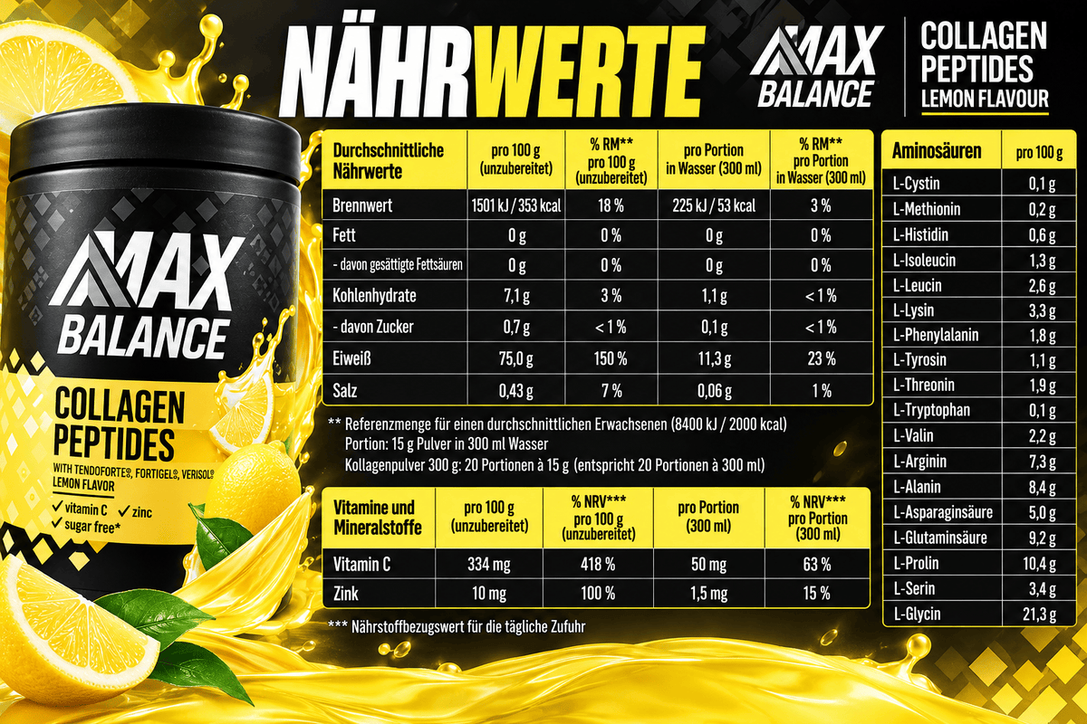Max Balance Max Balance - Collagen Peptides Lemon Flavour 300g (inkl. Tendoforte/Fortigel/Verisol)