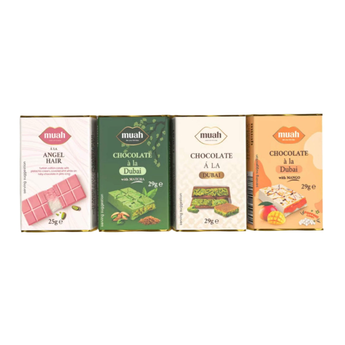 Muah 24x Muah Trend Chocolate 29g Geschenk-Box (Matcha/Mango/À la Dubai/Angel Hair)