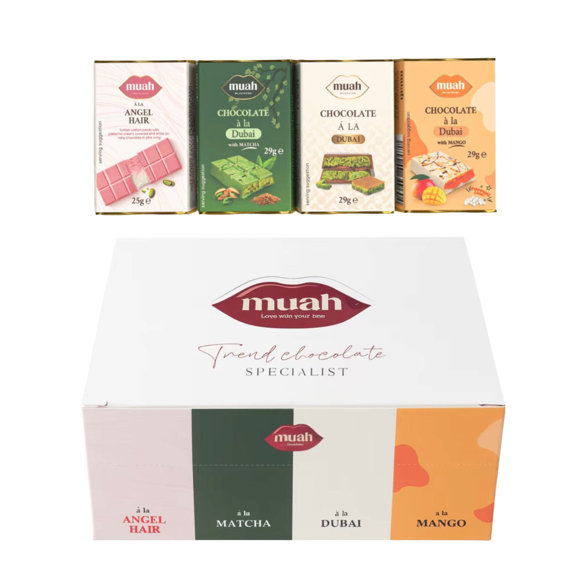 Muah 24x Muah Trend Chocolate 29g Geschenk-Box (Matcha/Mango/À la Dubai/Angel Hair)