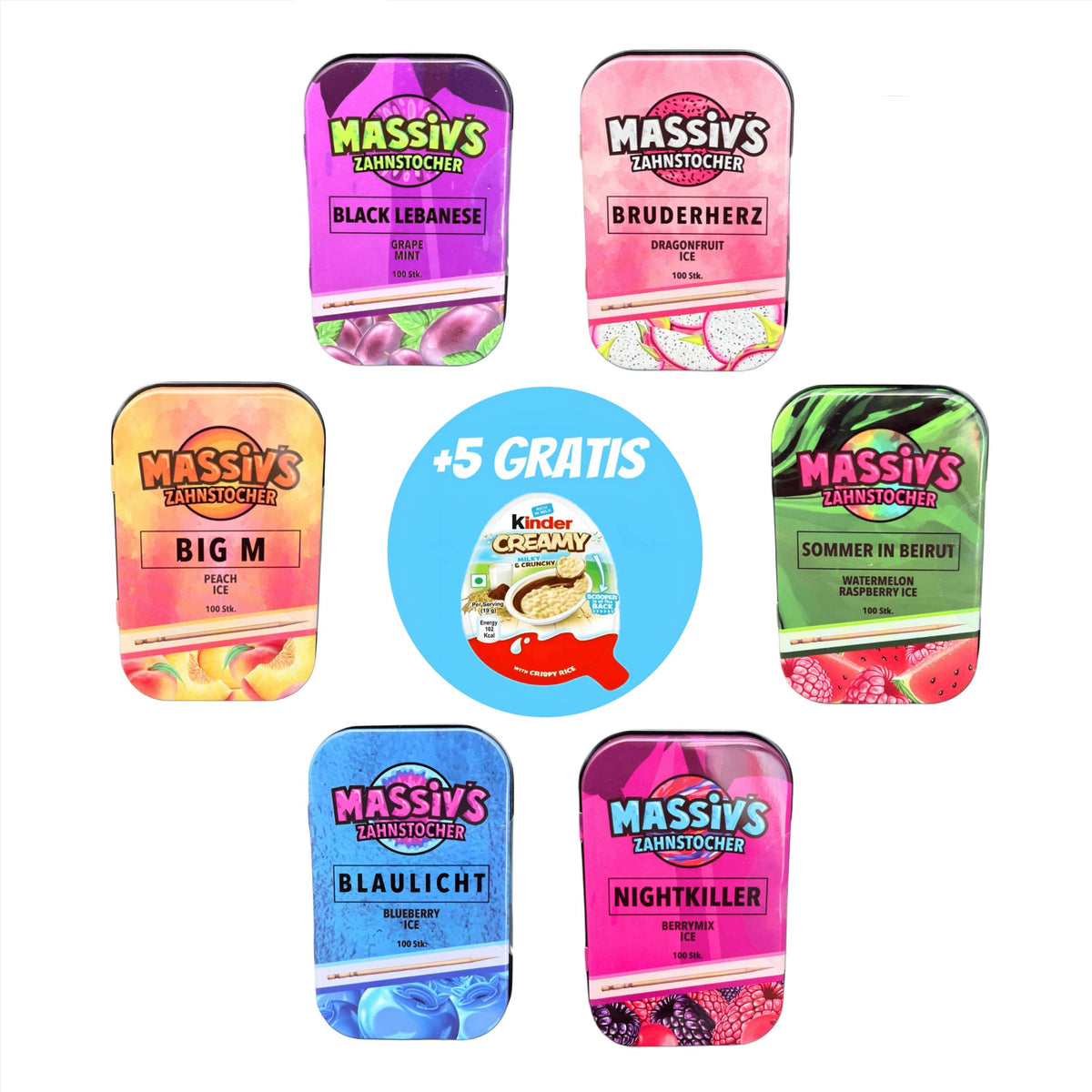 CandyPeak 6x Massiv Zahnstocher Probierbundle + 5x GRATIS Kinder Creamy