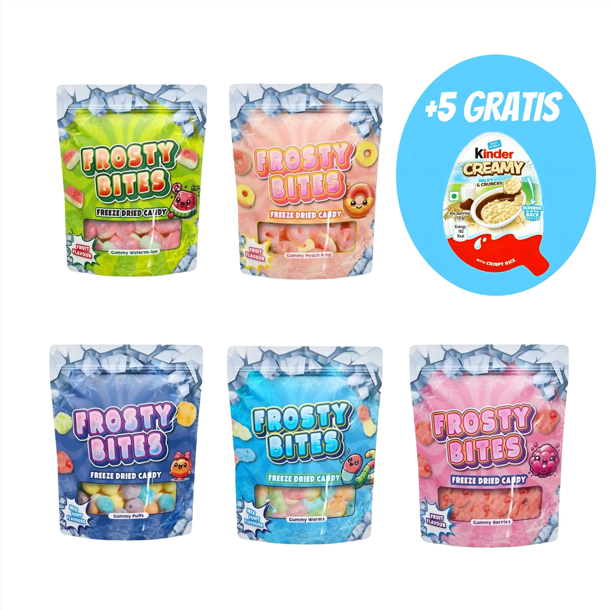 CandyPeak Gefriergetrocknete Frosty Bites 50g Probierpaket + 5x gratis Kinder Creamy 19g